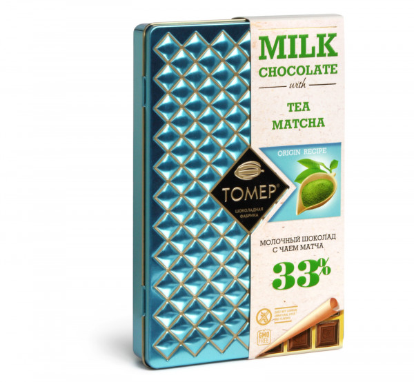 №1 Фабрика Томер металлический бокс Молочный шоколад с чаем МАТЧА ,33%  90г в Южноуральске